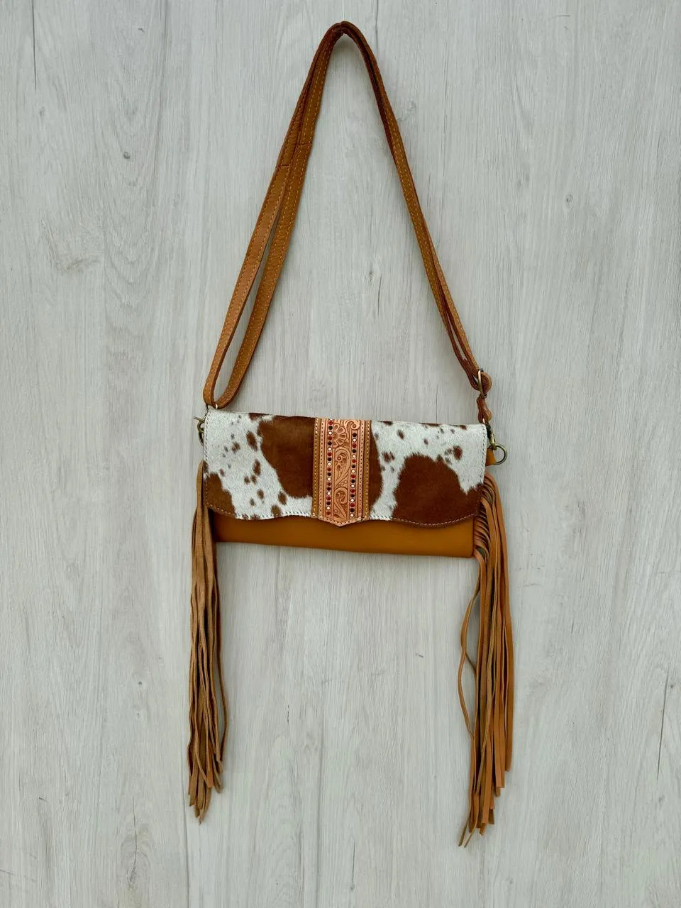 Hand Painted Tooling Leather Flap Cowhide Bag With Fringes