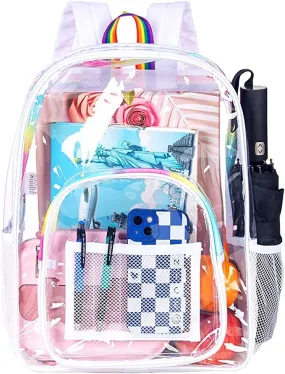 Heavy Duty White Rainbow See Through Clear Trendy Backpack