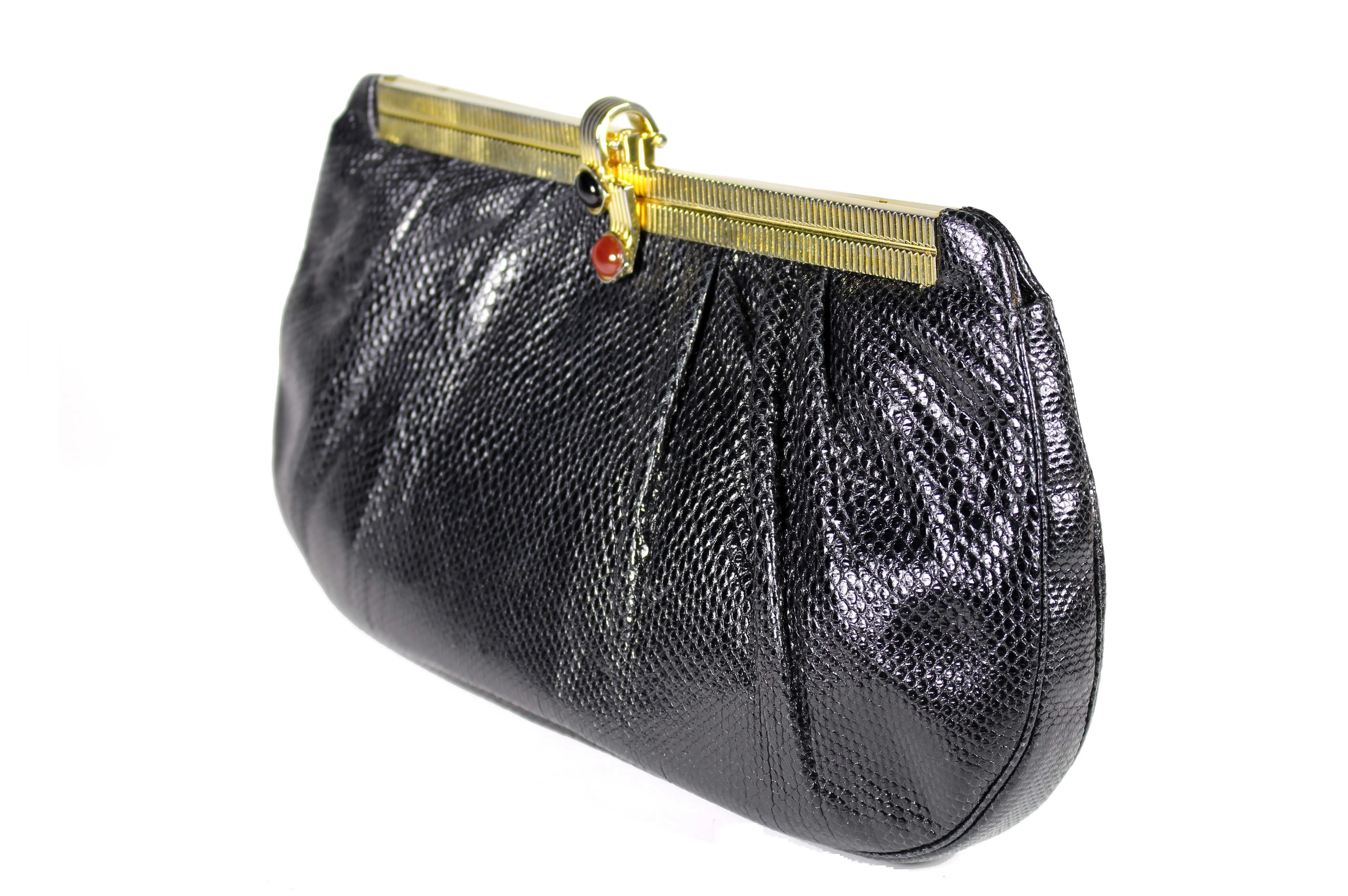 JUDITH LEIBER black snakeskin handbag with jewel clasp