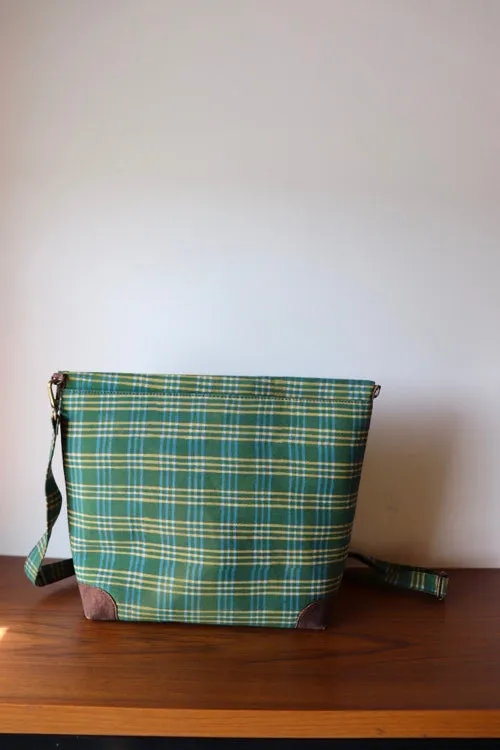 'Kirgiti's Green Checkered Dabu Print And Cork Tote Cum Sling Bag