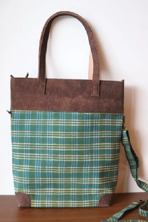 'Kirgiti's Green Checkered Dabu Print And Cork Tote Cum Sling Bag