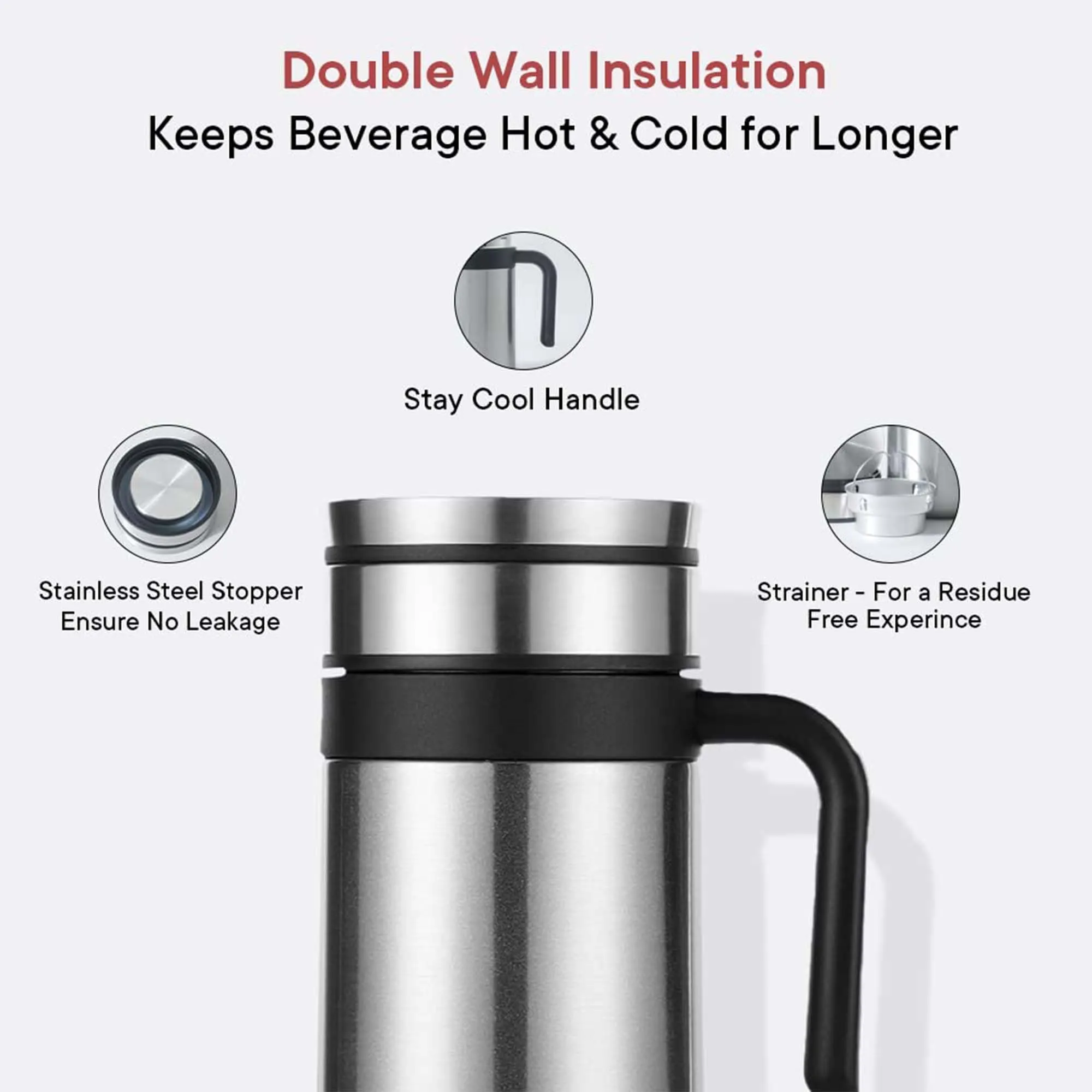 Kuber Industries Vacuum Insulated Hot & Cold Beverages Tea/Coffee Tumbler Mug with Lid & Handle for Office, Gym & Travel | Stainless Steel Leak-Proof Thermos for Coffee & Water | Silver