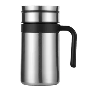 Kuber Industries Vacuum Insulated Hot & Cold Beverages Tea/Coffee Tumbler Mug with Lid & Handle for Office, Gym & Travel | Stainless Steel Leak-Proof Thermos for Coffee & Water | Silver