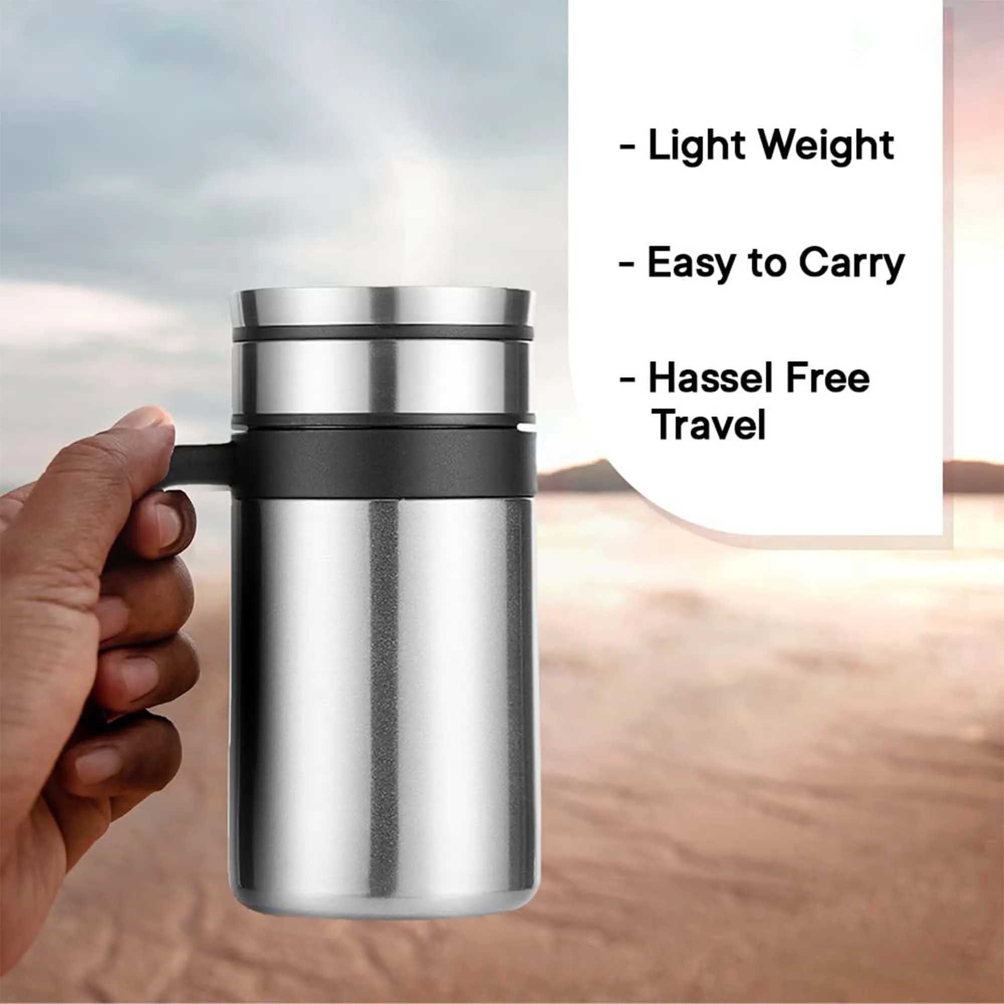 Kuber Industries Vacuum Insulated Hot & Cold Beverages Tea/Coffee Tumbler Mug with Lid & Handle for Office, Gym & Travel | Stainless Steel Leak-Proof Thermos for Coffee & Water | Silver