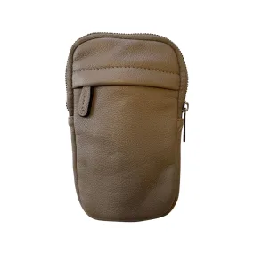 Leather Phone Bag with Front Zip in Beige