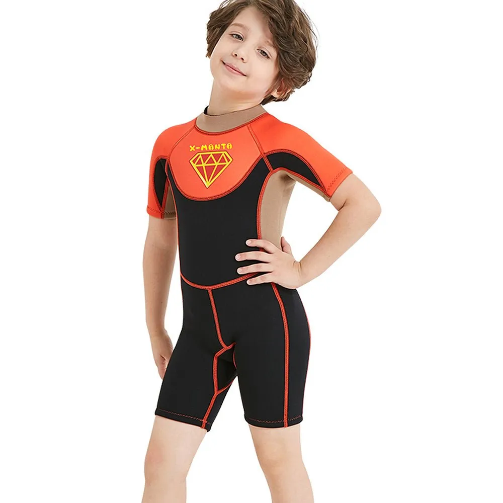 Little Surprise Box Superhero Brown & Orange 2.5mm Neoprene Knee Length Kids Half Sleeves Swimwear