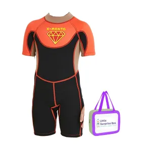 Little Surprise Box Superhero Brown & Orange 2.5mm Neoprene Knee Length Kids Half Sleeves Swimwear