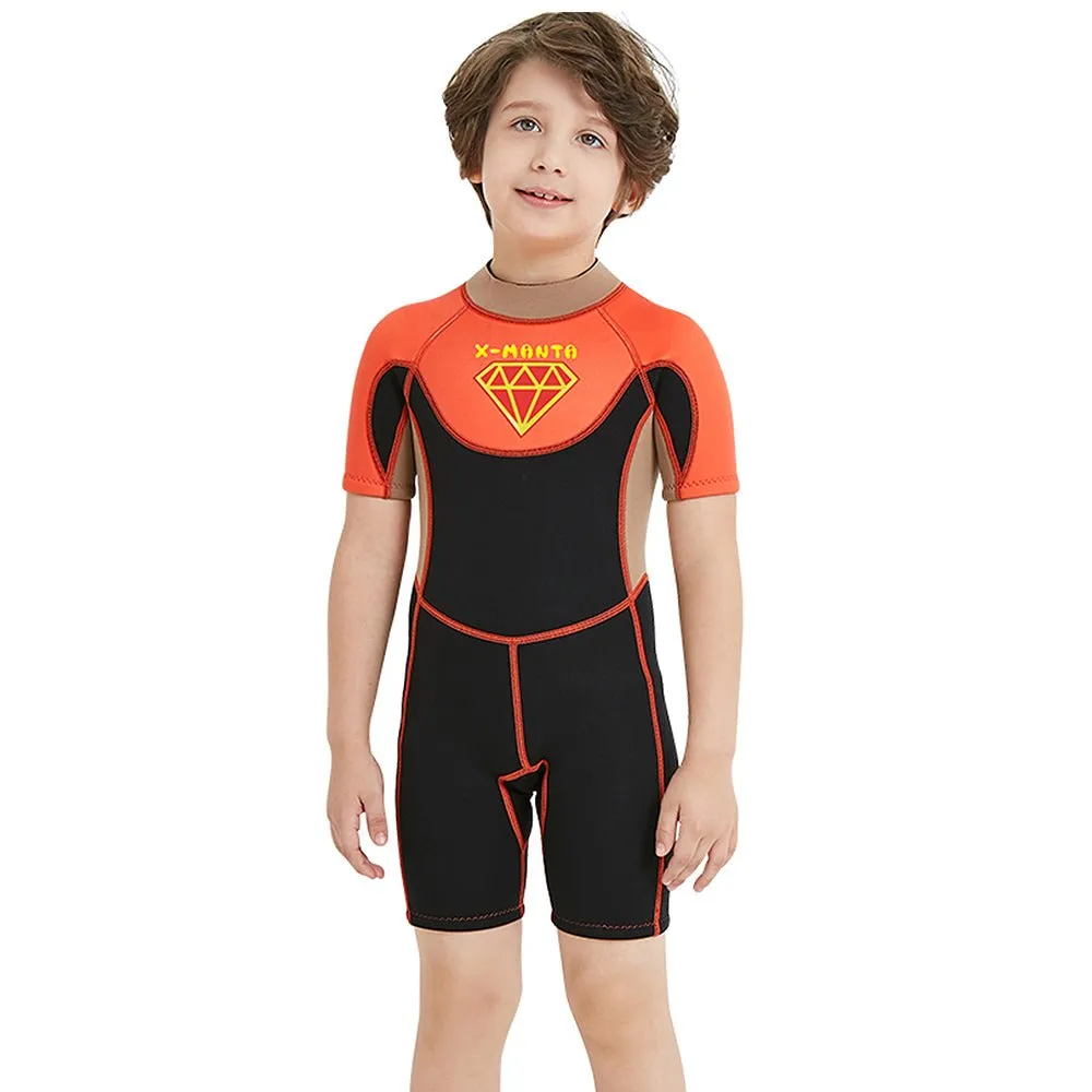 Little Surprise Box Superhero Brown & Orange 2.5mm Neoprene Knee Length Kids Half Sleeves Swimwear