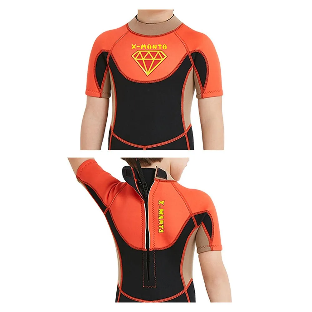 Little Surprise Box Superhero Brown & Orange 2.5mm Neoprene Knee Length Kids Half Sleeves Swimwear