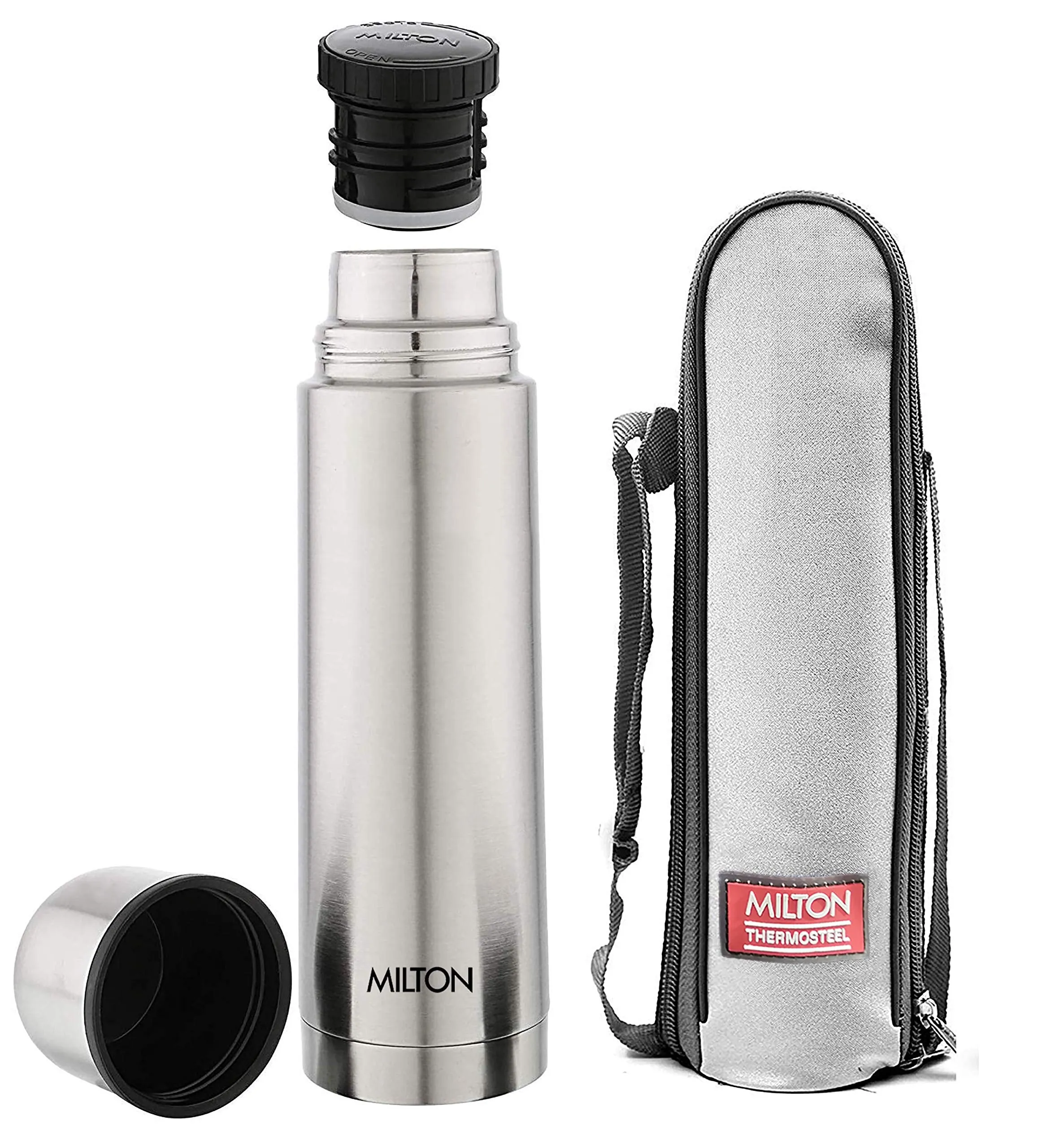 Milton Thermosteel Plain Lid 1000 Flask, 1 Litre, Silver & Thermosteel Carafe 1500 ML - Steel Plain Combo