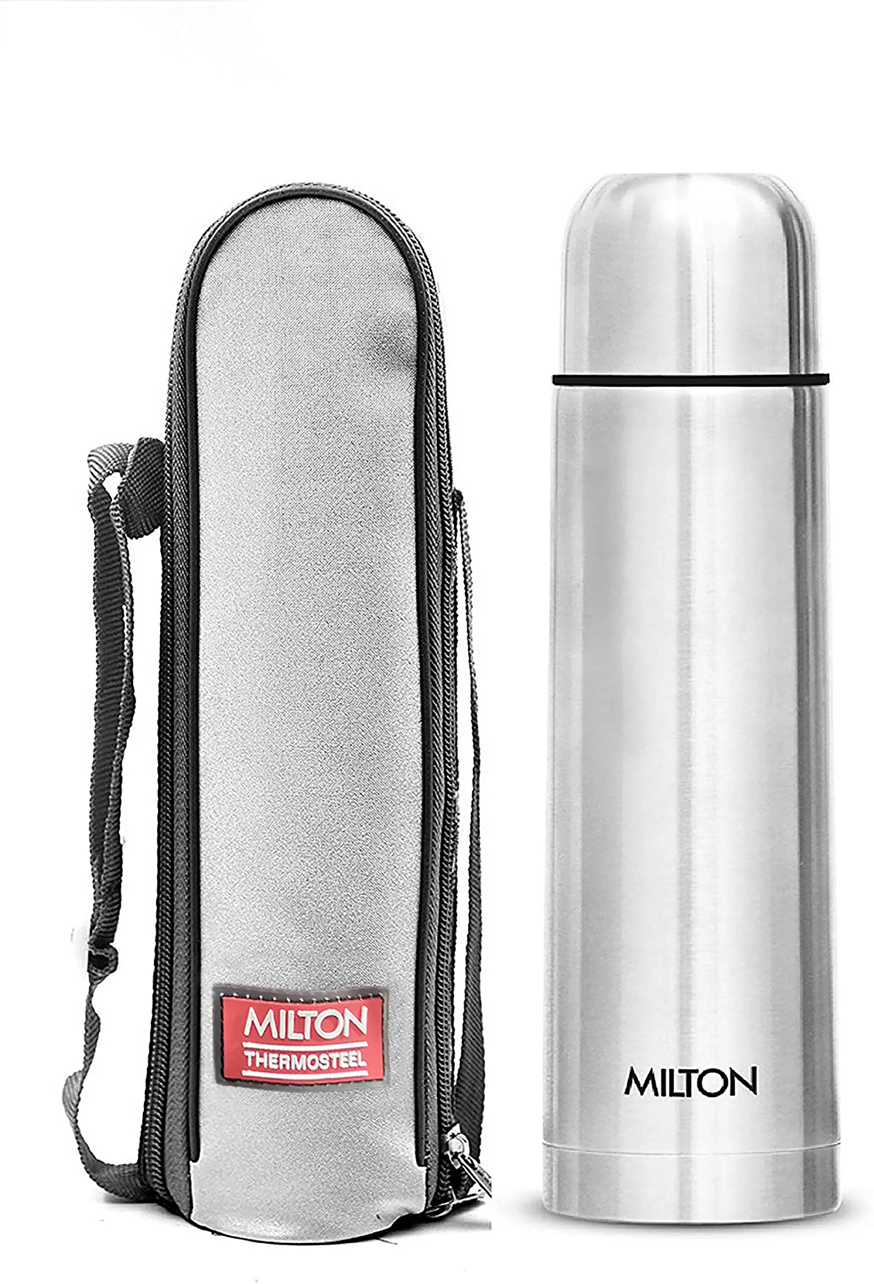 Milton Thermosteel Plain Lid 1000 Flask, 1 Litre, Silver & Thermosteel Carafe 1500 ML - Steel Plain Combo