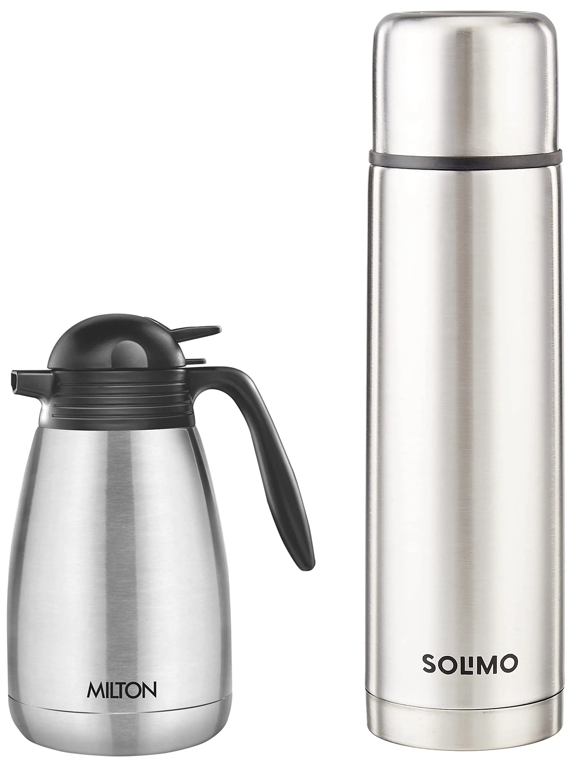 Milton Thermosteel Plain Lid 1000 Flask, 1 Litre, Silver & Thermosteel Carafe 1500 ML - Steel Plain Combo