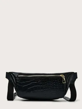 Minimalist Zipper Front Croc Embossed Fanny Bag