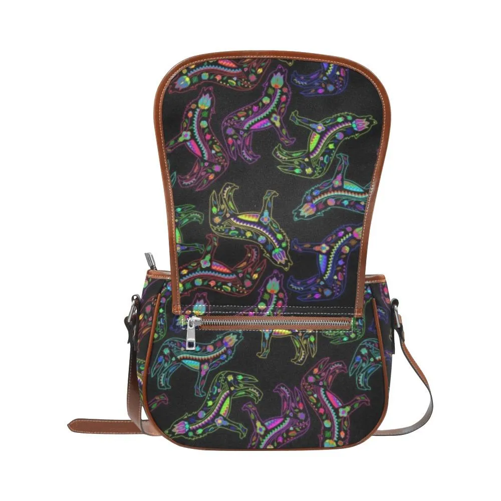 Neon Floral Wolves Saddle Bag/Large