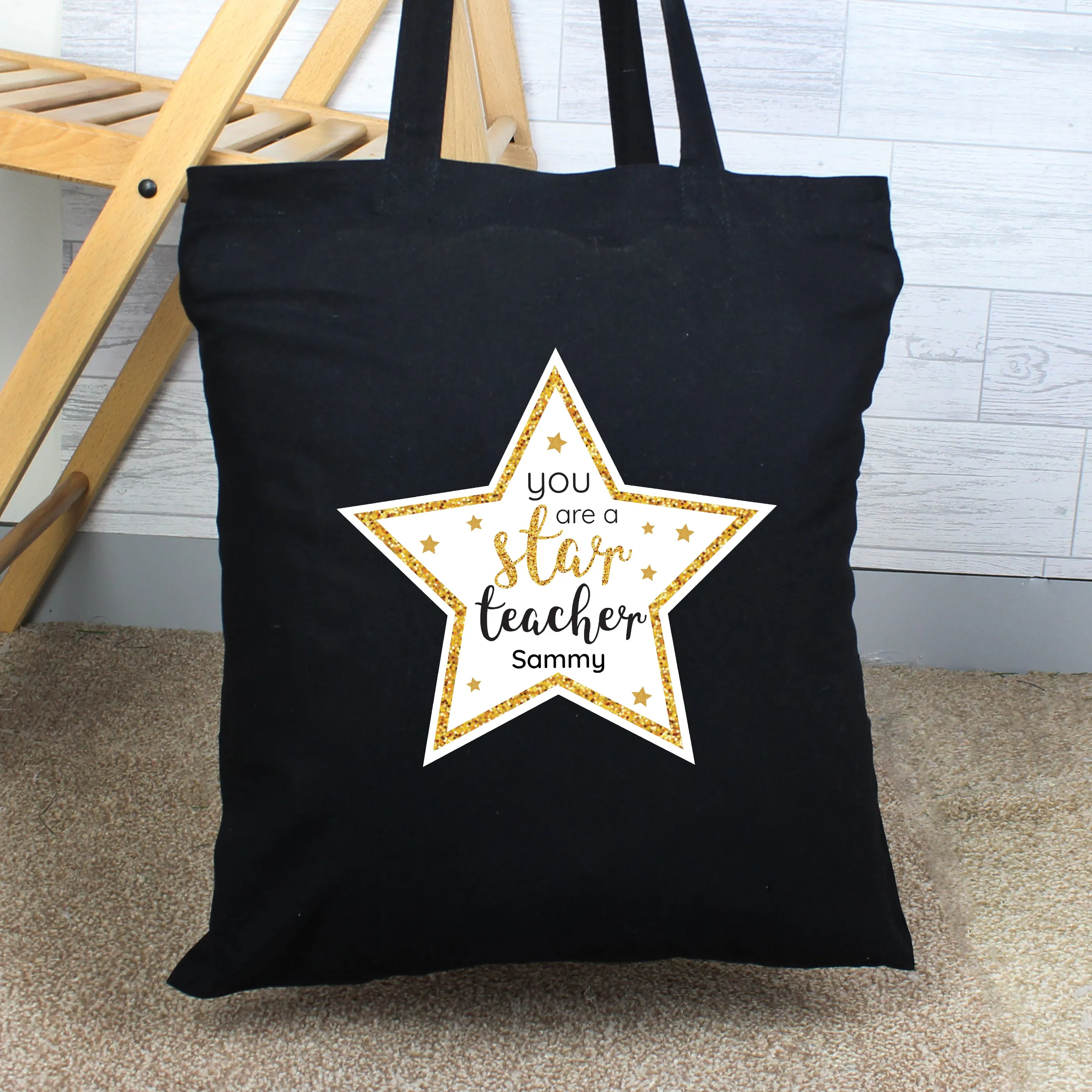 Personalised Star Teacher Black Cotton Bag