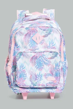 Pink And White Leaf Print Trolley Bag With Pencil Case (2 Piece)