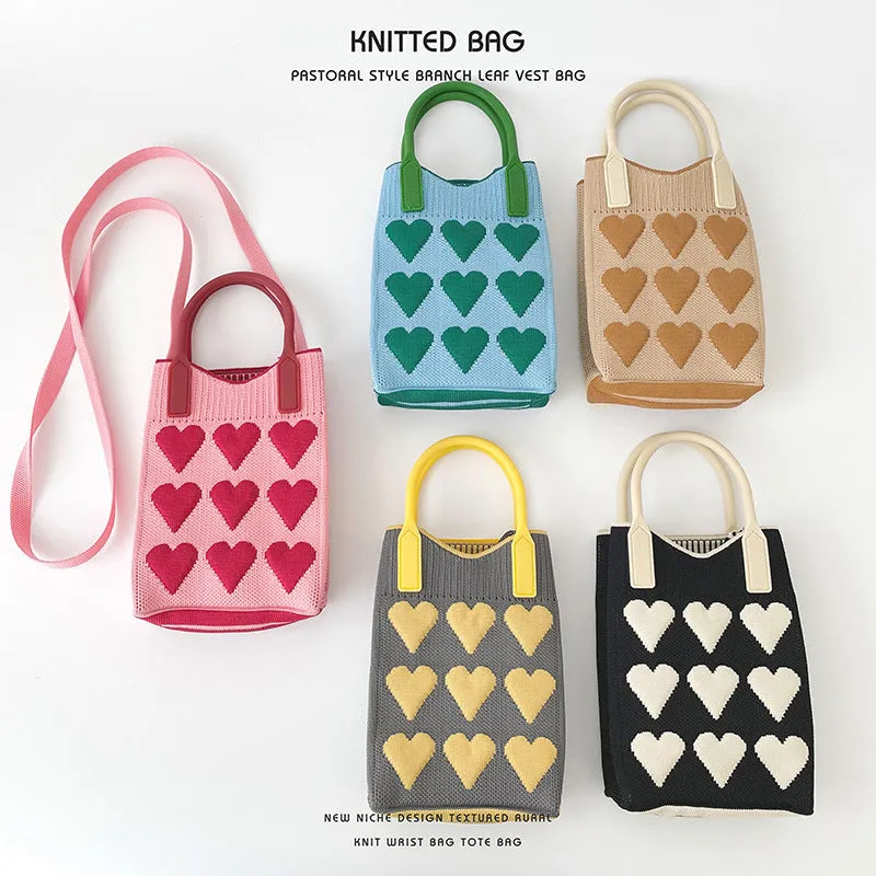 Pink Heart Shape Mini Phone Bag Knit Tote