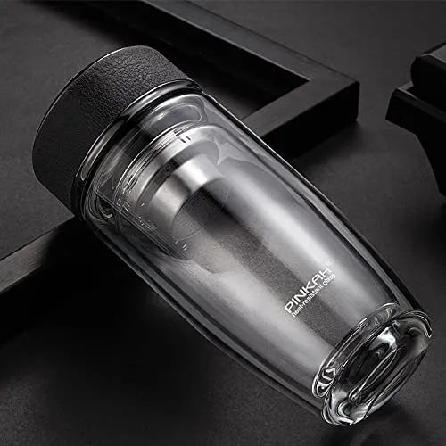 (PINKAH) Tea Infuser Glass Water Bottle - Black