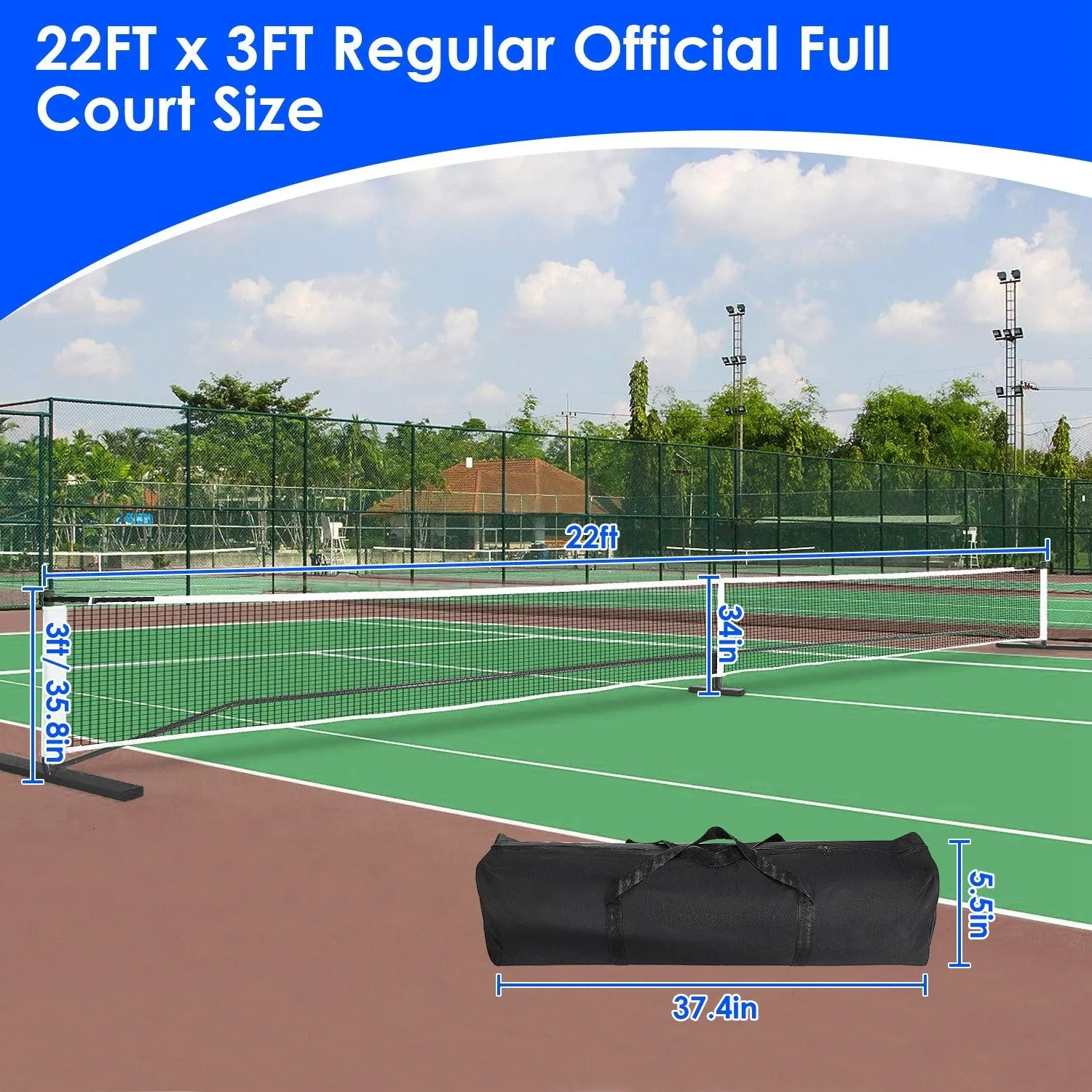 Portable Pickleball Net Set 22ft Regulation Size Net Pickle Ball Net System with 4 Pickleballs 4 Paddles Carrying Bag for Driveway Backyard