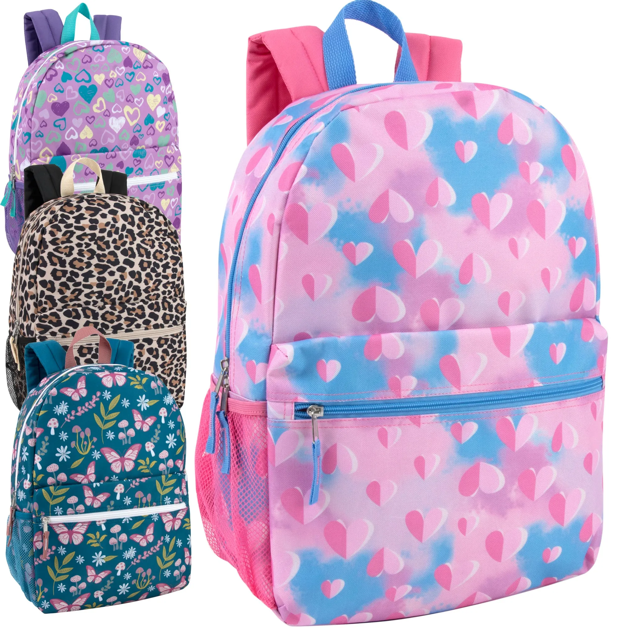 Printed Girls Backpack School Bag 43cm/20L Capacity With Side Mesh Pockets- 4 Styles