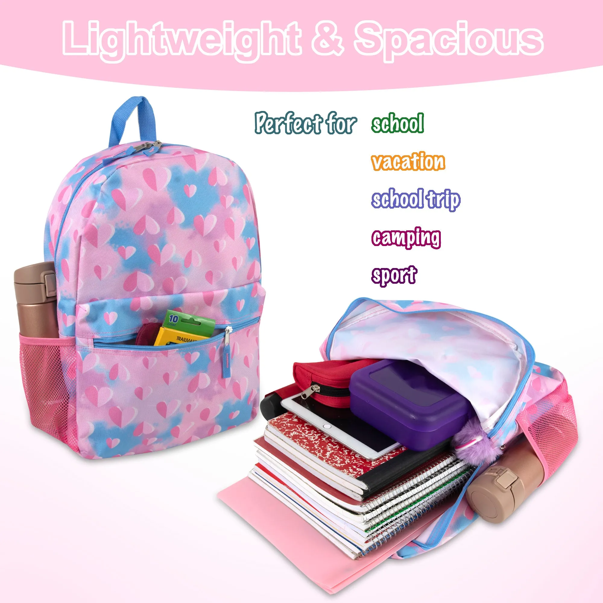 Printed Girls Backpack School Bag 43cm/20L Capacity With Side Mesh Pockets- 4 Styles