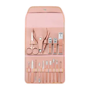 Rose Golden Scissors Nail Clippers Suit Tri-Fold Bag 16-Piece Pedicure Manicure Implement Ladies