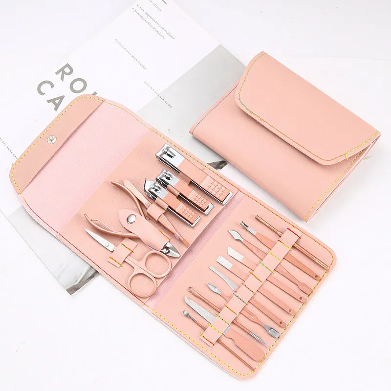 Rose Golden Scissors Nail Clippers Suit Tri-Fold Bag 16-Piece Pedicure Manicure Implement Ladies