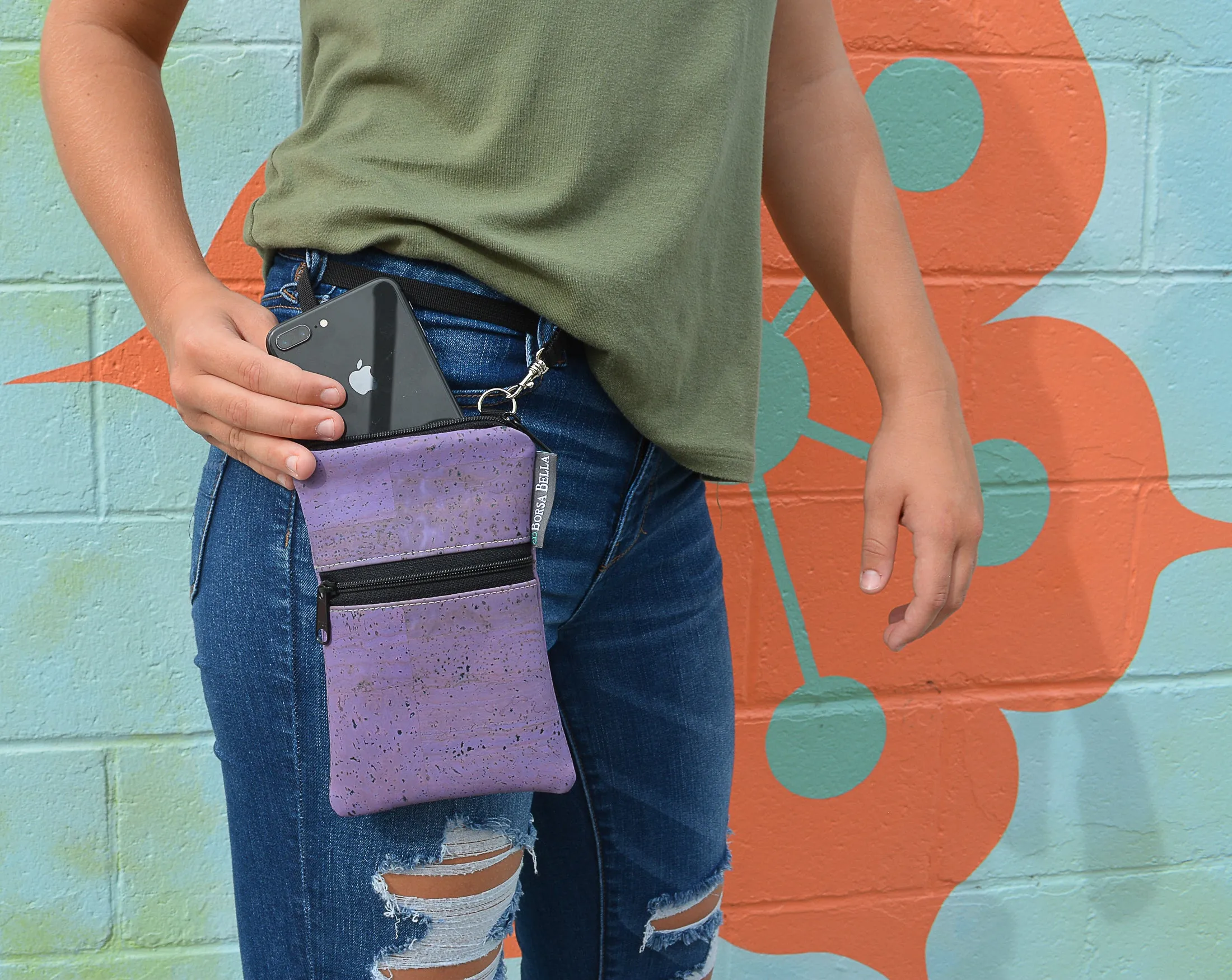 Short Zip Phone Bag - Wristlet Converts to Cross Body Purse - Ocean Blue Fabric