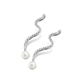 Sterling Silver Cubic Zirconia and Pearl Linear Earrings