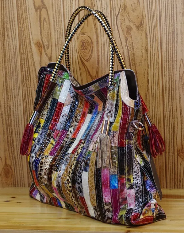 Stripes Snake Patent Tassel Colorful Handbag