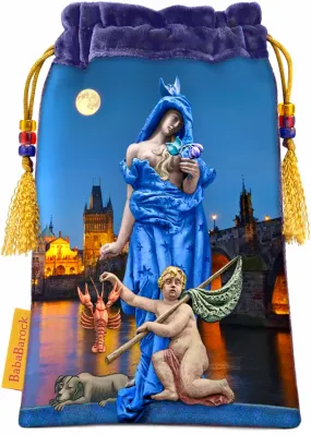 The Moon, Tarot of Prague - drawstring bag in blue silk velvet