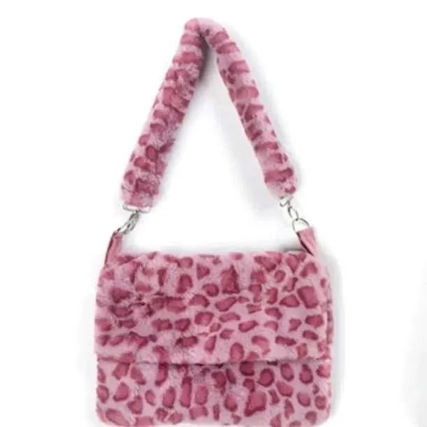 Uniwim Lovely Pink Leopard Print Girls Furry Handbags Small Tote Soft Plush Women Large Shoulder Bag Fashion Ladies Crossbody Bags