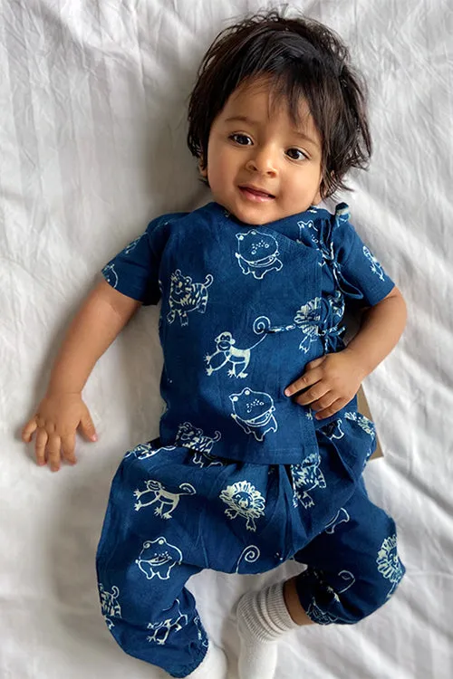 Whitewater Kids Unisex Organic Zoo Print Indigo Angrakha Top With Matching Pants