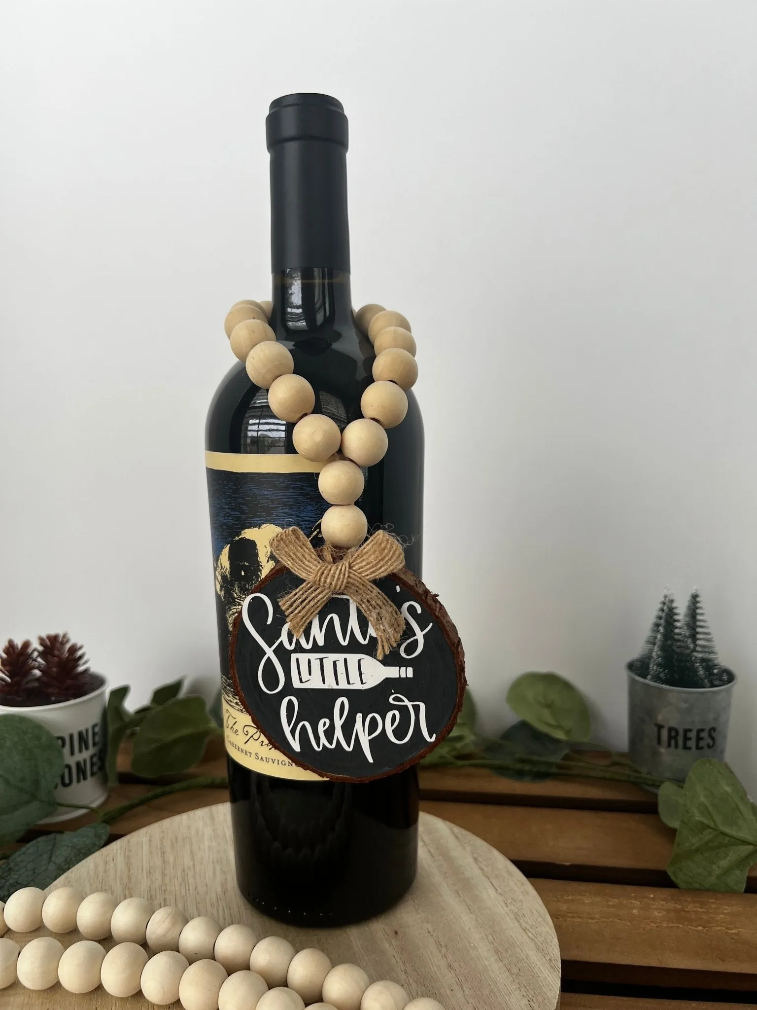 Wine Bottle Gift Hang Tag with Wood Bead - Santa's Little Helper