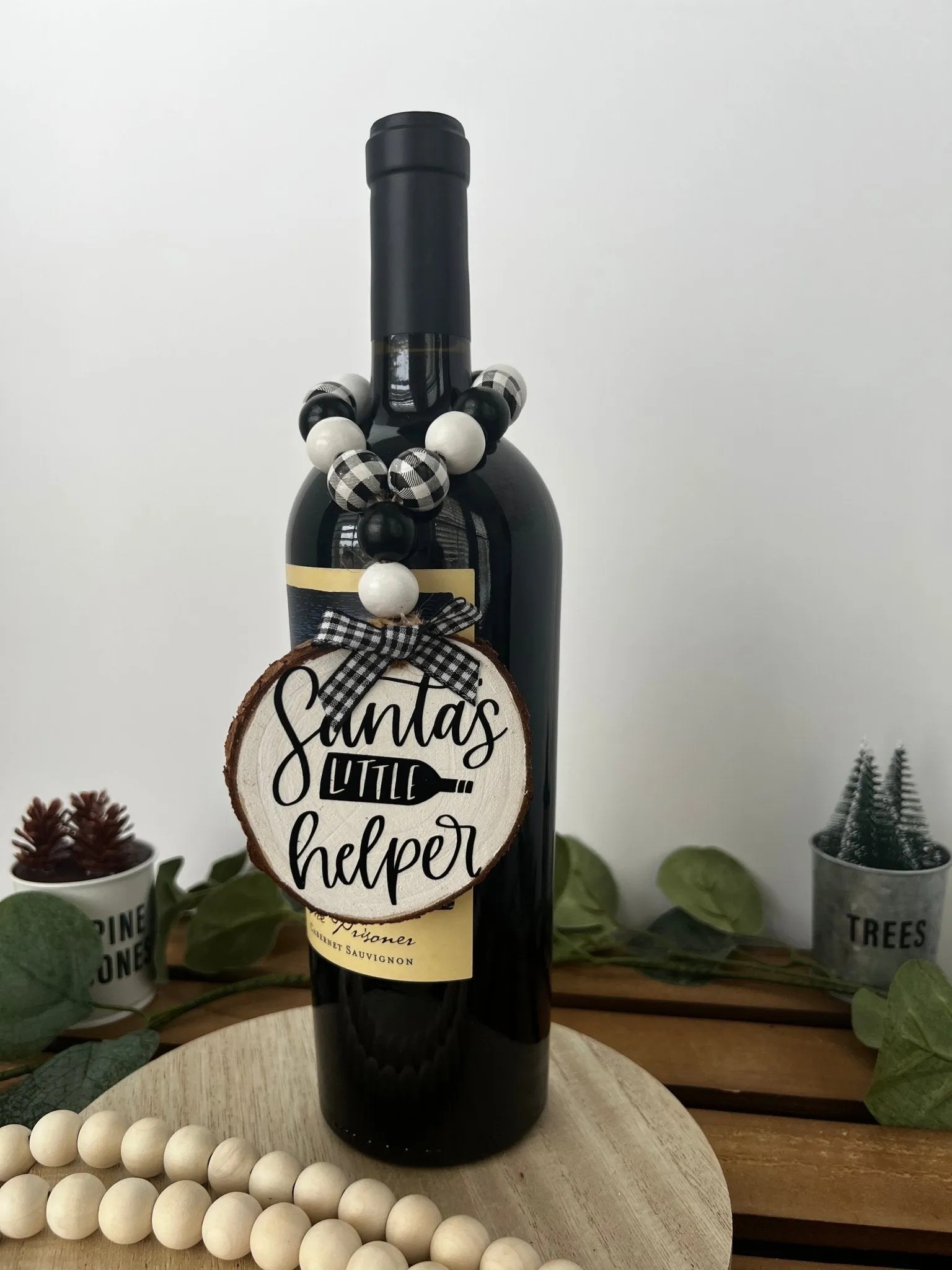 Wine Bottle Gift Hang Tag with Wood Bead - Santa's Little Helper