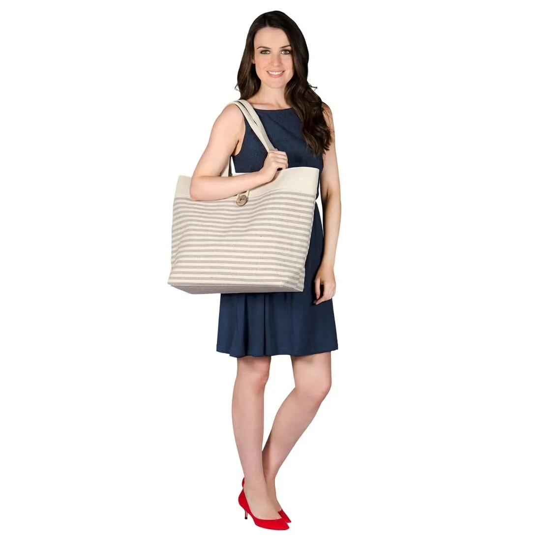 Womens Narrow Stripes Canvas Beach Shoulder Bag Tote